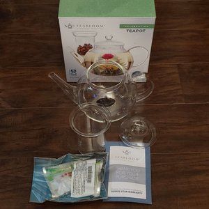 Teabloom Tea Set Clear Glass Teapot With Infuser, Lid & 2 Blooming Teas Open Box